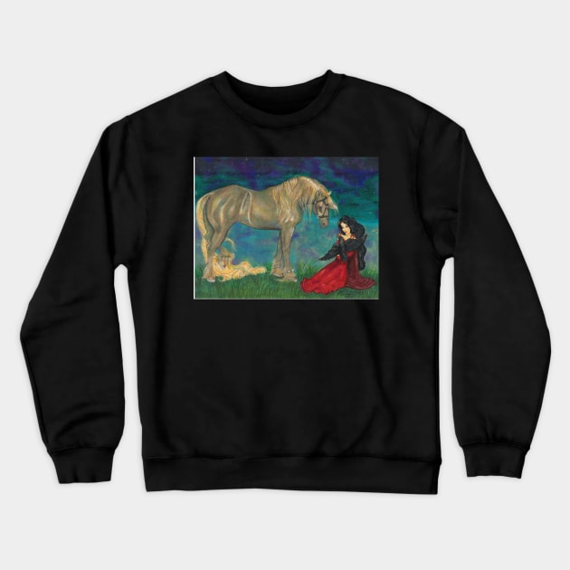 Horse, Lady and Raven Crewneck Sweatshirt by pegacorna